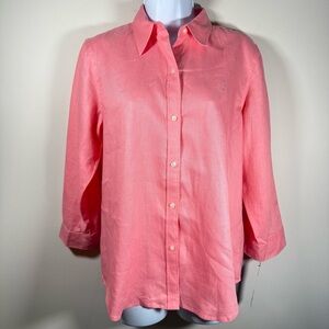 NWT Chaps Women’s Coral Pink Linen 3/4 Sleeve Collar Button Down Casual Shirt M